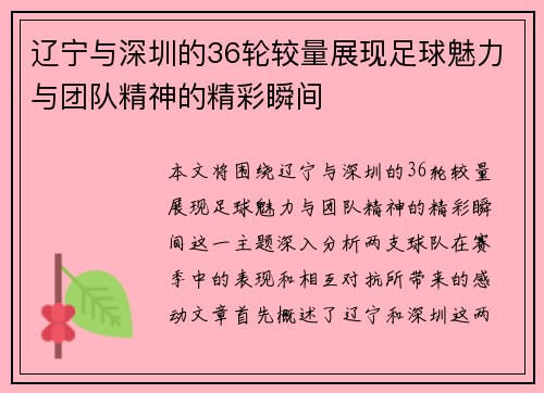 辽宁与深圳的36轮较量展现足球魅力与团队精神的精彩瞬间